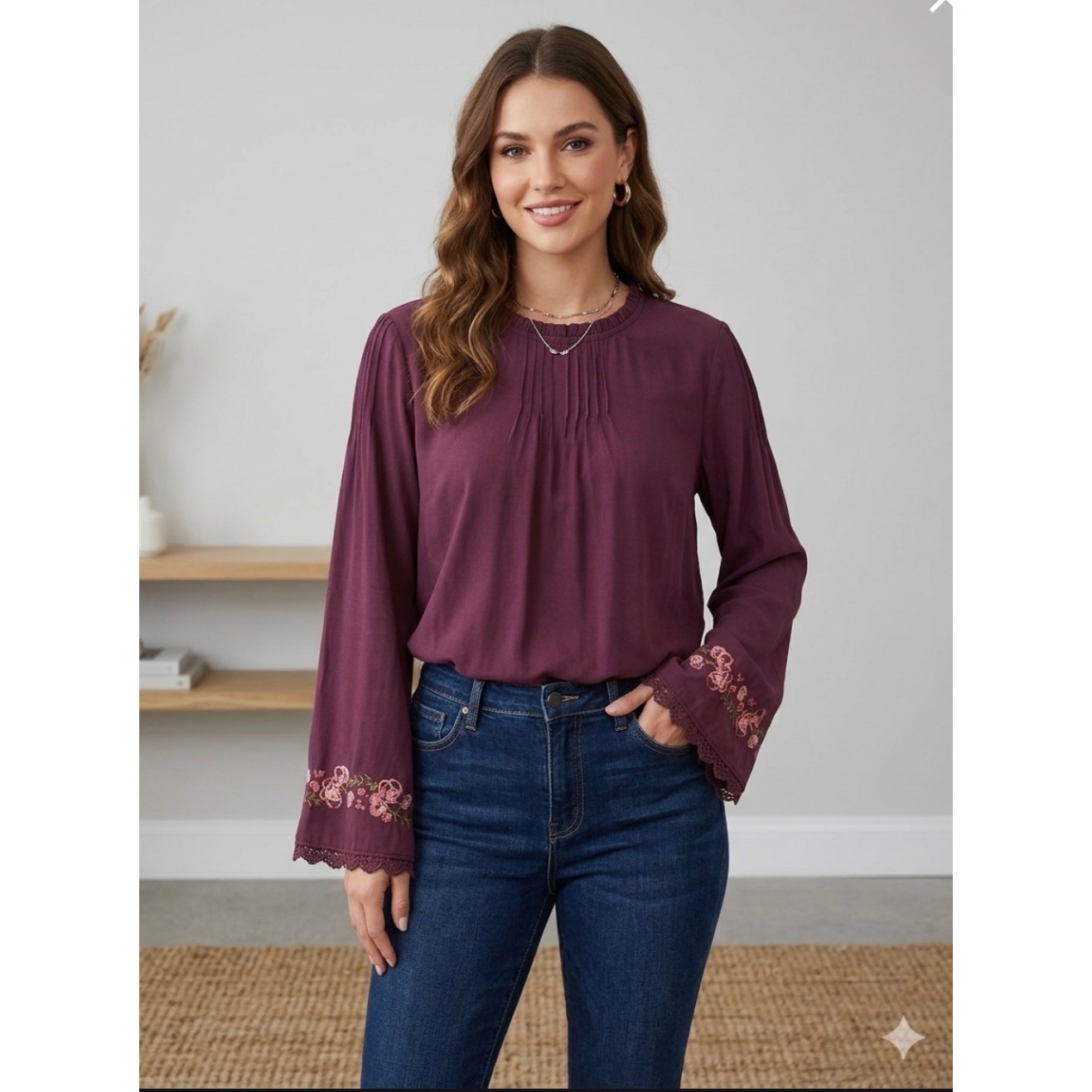 Blouse Womens M 8-10 Burgundy Embroidered Bell Sleeve Pintuck Boho Hippie Ofice